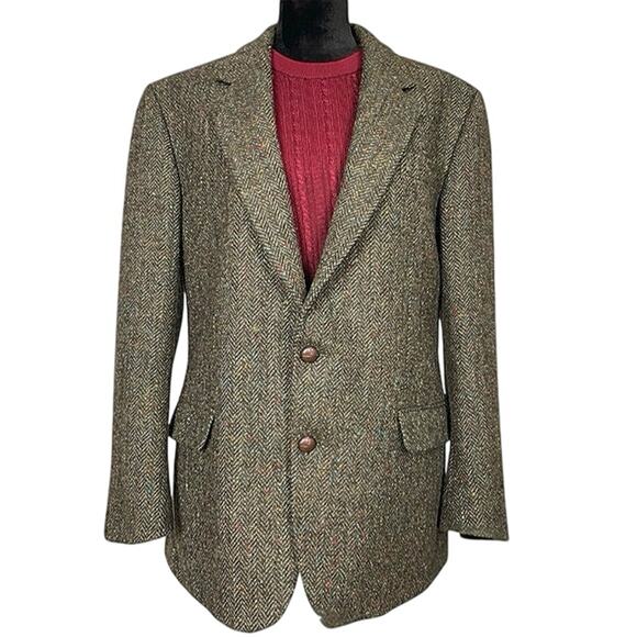 EUC - Vintage Donegal II Irish Wool Moss Herringbone Tweed Blazer - Picture 1 of 7